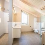 Badezimmer mit Dusche, Waschbecken und Toilette. Holzdecke und Glaswand zur Sauna.