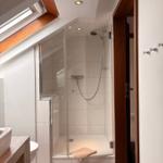 Dusche mit Glaswand, Dachfenster und Holzboden