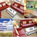 Wohnzimmer mit rotem Sofa, Fernseher und DVD-Player.