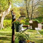 Garten mit Sitzgruppe, Blumen und altem Brunnen unter Bäumen.