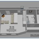 Übersicht über die Wohnung mit Schlafzimmer, Wohnbereich und Bad. Skizze, nicht maßstabsgerecht.