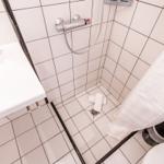 Bathroom with shower, sink, and toilet