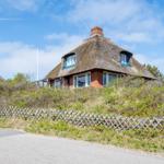 Cottage with thatched roof and wooden fence beside a road.