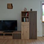 TV auf Holzregal, Bücher und Pflanze am Fenster