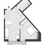 Wohnung mit Küche, Schlafzimmer und Bad. Flur mit Treppe und Fenster.
