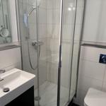 Bathroom with shower, sink, and toilet.