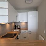 Modern kitchen with white cabinets and wooden surfaces.
