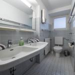 Badezimmer mit Waschbecken, Toilette und Dusche. Fliesenwand und Fenster sichtbar.