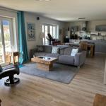 Wohn- und Küchenbereich mit Sofa, Tisch und Fenster zur Terrasse.