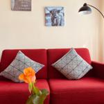 Roter Sofa mit Kissen und Wandbildern. Orange Rose auf Tisch.