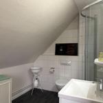 Bathroom with shower, sink, and toilet under sloped ceiling.