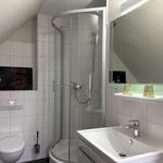 Bathroom with shower, sink and toilet under sloped ceiling