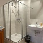 Dusche mit Glaswand, Waschbecken und Spiegel. Holzregal mit Handtüchern.