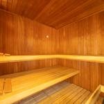 Sauna mit Holzbank und Steinmulde