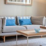 Ein Sofa mit blauen Kissen und einem Holztisch im Wohnzimmer.