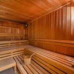 Holzsauna mit Sitzbänken und Eimer. Wände und Decke aus Holz.