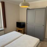 Bedroom with double bed, wardrobe, and TV. Window with view of rooftops.