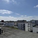 Roof top view over modern buildings and sky with white clouds.