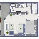Wohnung mit Schlafzimmer, Küche, Bad und Wohnbereich mit Sofa und Esstisch.