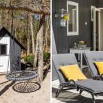 Swing in front of wooden house and lounge chairs with cushions against house wall