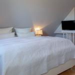 Schlafzimmer mit Bett, Nachttisch, Fernseher und Geländer