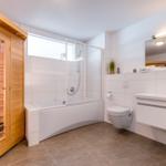 Bathroom with sauna, shower, bathtub, and sink
