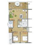 The apartment has two bedrooms, a kitchen, a bathroom, and a terrace with an umbrella.