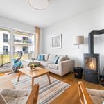 Wohnzimmer mit Sofa, Kamin und Balkon. Holzboden und modernes Mobiliar.