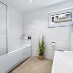 Bad mit Dusche, Badewanne, Waschbecken und Pflanze