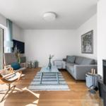 Living room with sofa, fireplace, and balcony view