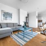 Living room with sofa, fireplace, and wooden floor. Blue coffee table and rug.