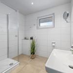 Badezimmer mit Dusche, Waschbecken und Pflanze.