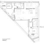 Grundriss einer Wohnung mit zwei Schlafzimmern, Küche und Bad.