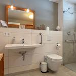 Badezimmer mit Dusche, Waschbecken und Toilette. Holzspiegel und Handlauf.