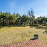 Large garden with wooden terrace and trees under blue sky.