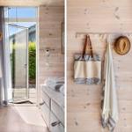 Wooden wall, bed, door to balcony, towel and bag hanging