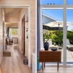 Bright wooden interiors with view of a sunny balcony with loungers and umbrella.
