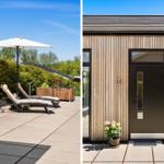 Terrace with loungers and umbrella. Entrance with wooden cladding and door.