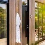 Outdoor area with black door, gold shower, and towel on wooden wall.