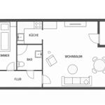 Dieses Apartment hat Schlafzimmer, Küche, Bad, Wohnraum und Balkon.