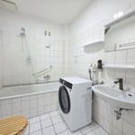 Bathroom with bathtub, shower, washing machine, and sink.