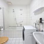 Bathroom with bathtub, shower, washing machine, and sink.