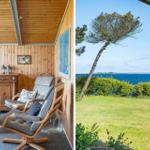 Living area with wooden walls and chairs. View of green lawn and sea.
