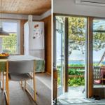 Dining room with kitchen area and view of the lake