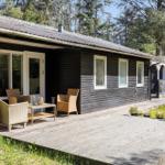 Black wooden cabin with terrace and garden. Visible: windows, door, and garden furniture.