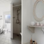 Bathroom with shower, toilet, and sink. Mirror with shelf and candles.