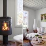 Fireplace with burning wood and living room with sofa and table