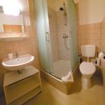 Bad mit Dusche, Toilette und Waschbecken mit Spiegelschrank