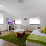 Wohnzimmer mit Sofa, Fernseher und grünem Teppich.