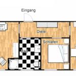 Wohnung mit Schlafzimmer, Bad, Küche und Wohnbereich mit Schlafcouch.